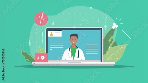 An image depicting the concept of online medicine or telemedicine, showcasing a patient using a video call on a digital device to consult with a doctor for medical advice and support. photo