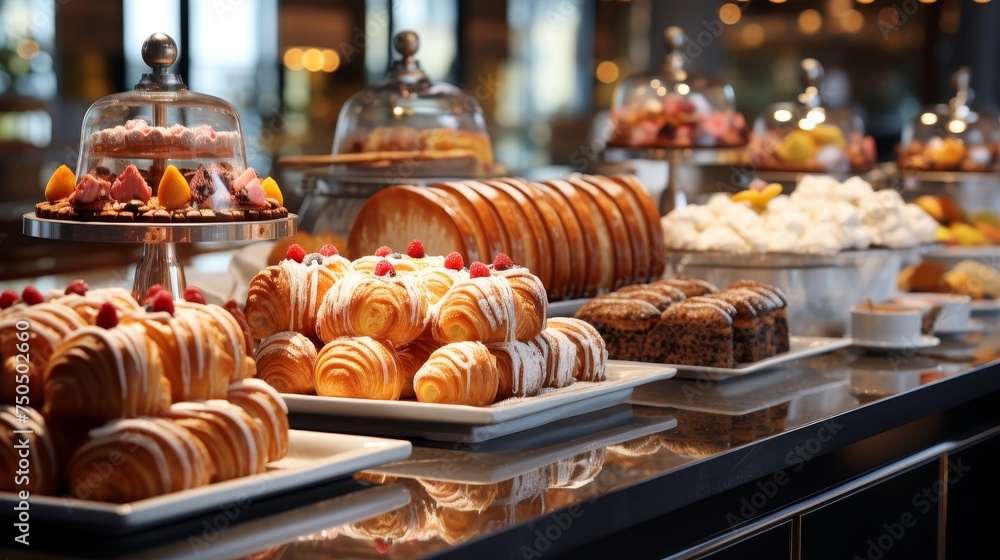 Elegant pastries beckon from a hotel buffet