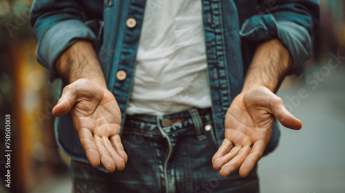 Man with empty pockets gesturing nothing with his hand