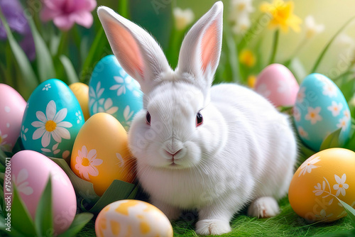 Colorful eggs and cute white Easter bunny with spring flowers.