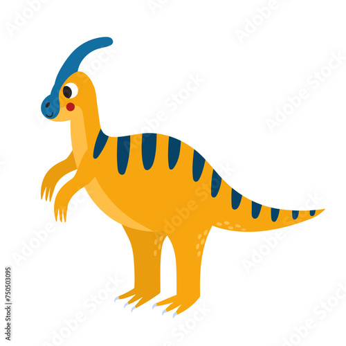 Cute parasaurolophus in cartoon style isolated element. Funny dinosaur of jurassic period for kids design. Prehistorical dino clipart. Vector illustration 