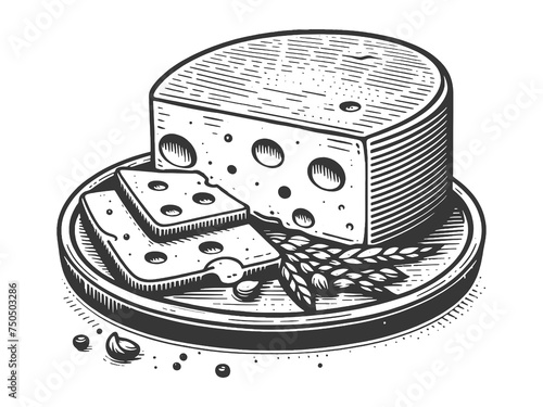 Detailed vintage drawing of cheese wheel with slices, wheat, and peppercorns on serving plate. Sketch style generative ai raster illustration. Scratch board imitation. Black and white image.