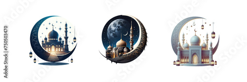 Set of crescent moon and mosque, Ramadan Islam Mosque, Ramadan, illustration, isolated over on transparent white background