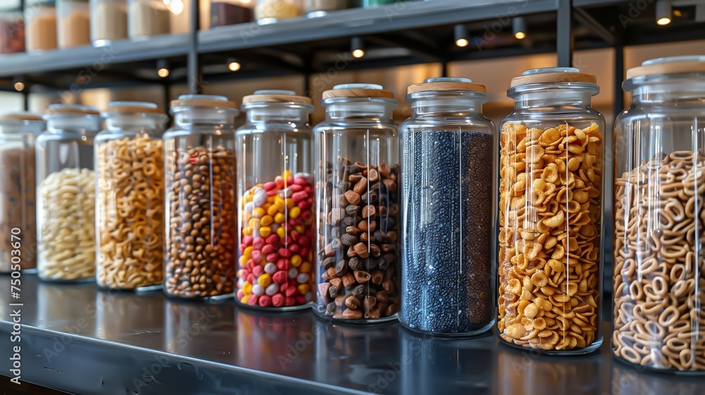 Glass bowls with cereal on the shelves Glass bowls with cereal on the shelves