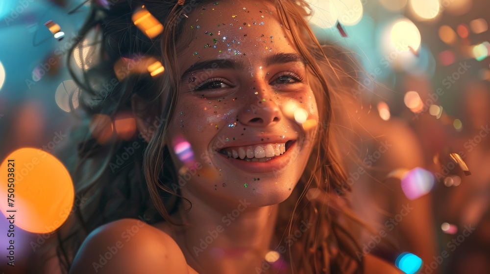 Joyful woman with glitter on face enjoying a festival. Close-up portrait with bokeh lights. Celebration and happiness concept for design and print Joyful woman with glitter on face enjoying a festival. Close-up portrait with bokeh lights. Celebration and happiness concept for design and print