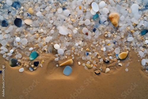 Closeup to sea ocean beach sand with micro plastics. Top view. Environment, pollution, plastic waste concept
