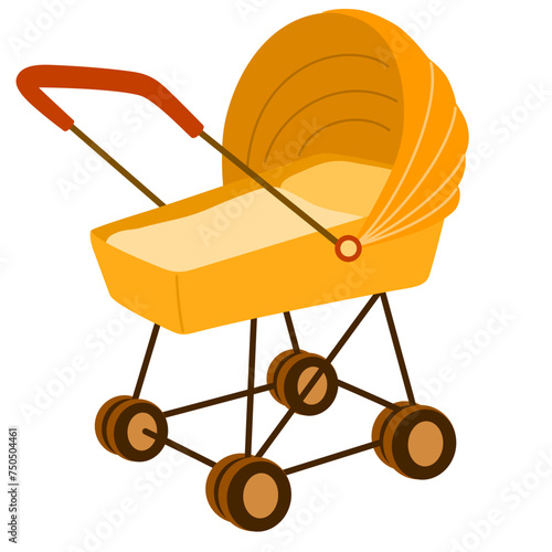 Baby carriage. Buggy, pram, stroller, wheel icon. Kids, baby shower, newborn and nursery decoration concept. Vector hand drawn illustration, flat design.