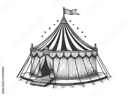 Circus tent sketch line art engraving generative ai raster illustration. Scratch board imitation. Black and white image.