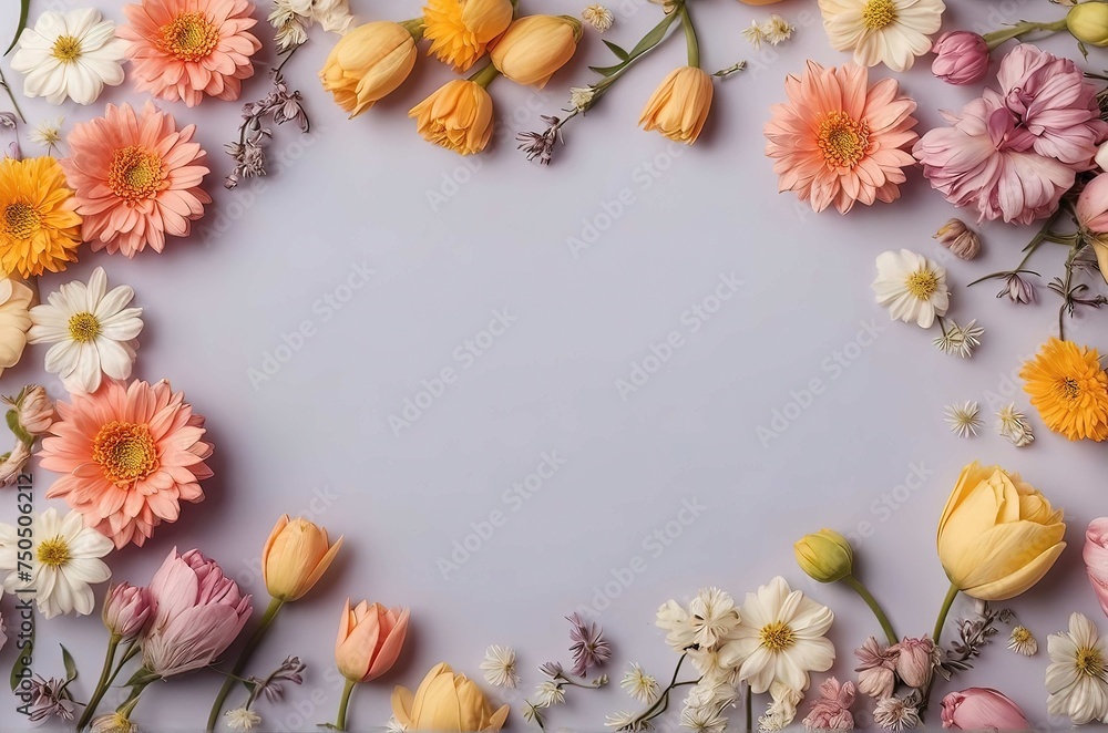Greeting card with copyspace background for International Women Day, beautiful spring flowers on pastel table.
