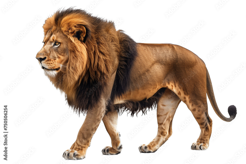 Obraz premium Side view of a male lion standing, isolated on transparent background. 