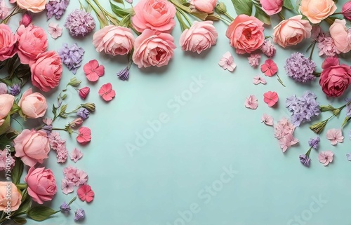 Greeting card with copyspace background for International Women Day, beautiful spring flowers on pastel table.