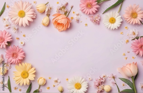 Greeting card with copyspace background for International Women Day  beautiful spring flowers on pastel table.