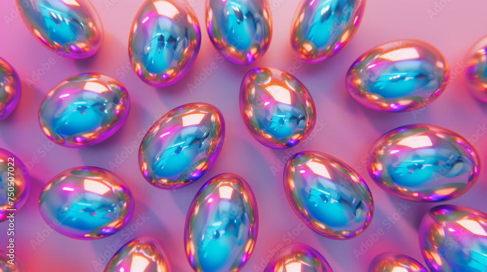 A collection of shiny, iridescent Easter eggs with holographic design scattered on a pink surface, reflecting the joyful spirit of the spring holiday.