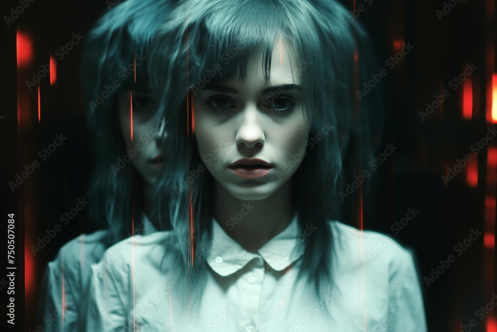 girl with mental and bipolar disorders. Psychopath schizophrenic woman with hallucinations on a dark background
