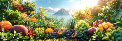 Various tropical fruits with tropical forrest background for web template and banner. © torjrtrx
