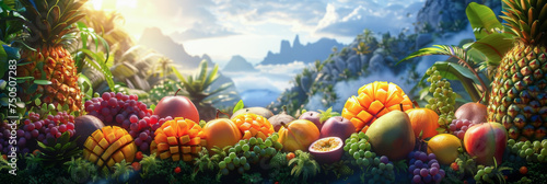 Various tropical fruits with tropical forrest background for web template and banner. photo