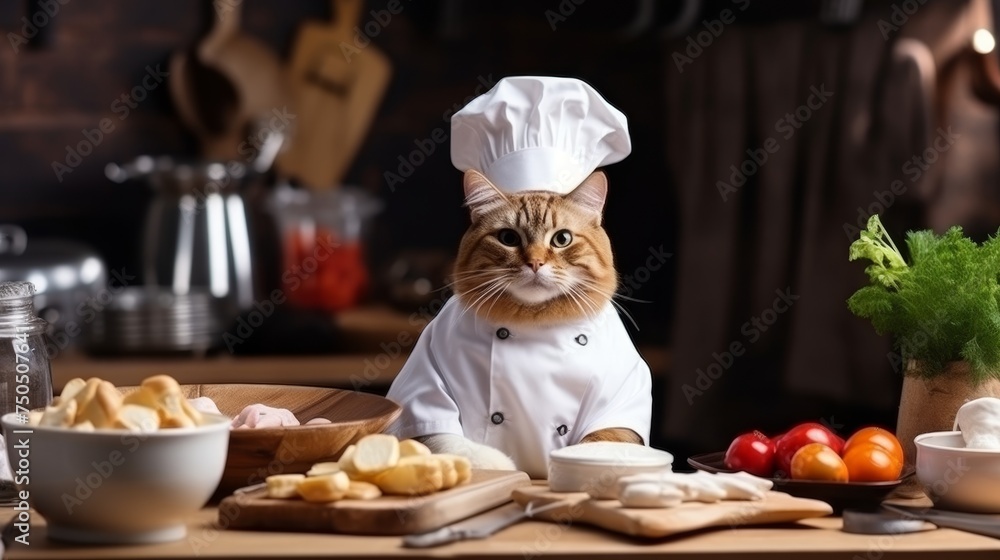 Cute cat in an apron cooking a delicious pie in a blurred white kitchen with space for text Cute cat in an apron cooking a delicious pie in a blurred white kitchen with space for text