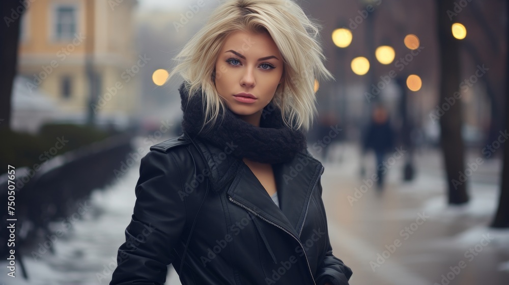 Elegant woman walking on blurred urban street background with space for text, city lifestyle concept