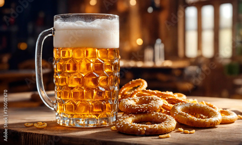 glass of beer and brezel. Selective focus.