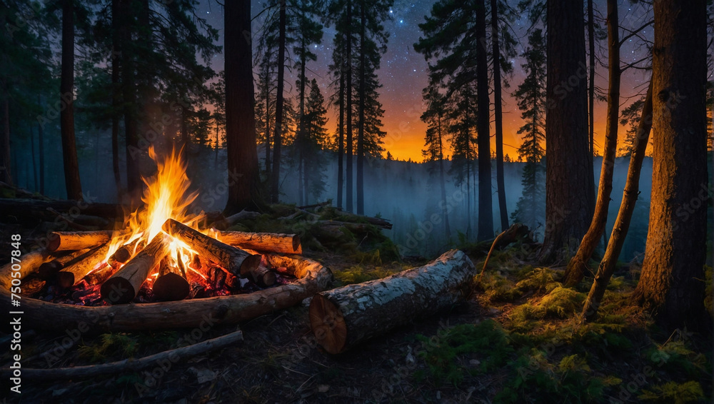 Immerse yourself in the fascinating beauty of a cozy campfire in the forest. generative AI - obrazy, fototapety, plakaty 