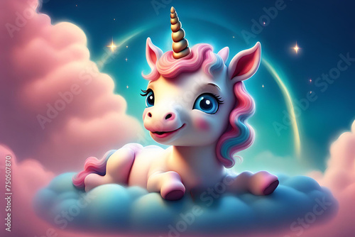 Magic unicorn in fantastic starry sky with fluffy clouds © superbphoto95