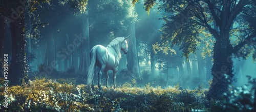 A fantasy mystical unicorn horse in the dark fairy forest scene. AI generated image photo