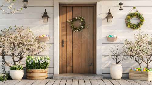 A welcoming front modern door scene adorned with Easter eggs, spring flowers, and festive decorations, capturing the essence of a cheerful springtime entryway. photo