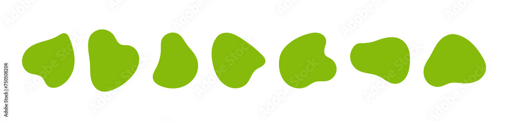 Incorrect blob shapes. Organic abstract forms. Green flowing liquid circles. Collection of asymmetrical isolated vector elements on white background. Incorrect blob shapes. Organic abstract forms. Green flowing liquid circles. Collection of asymmetrical isolated vector elements on white background.