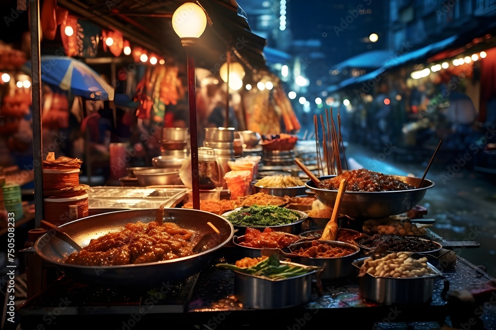 Street Food Delight: A colorful shot of a street food market, capturing the diverse and delicious offerings of local culinary delights.

 - obrazy, fototapety, plakaty 