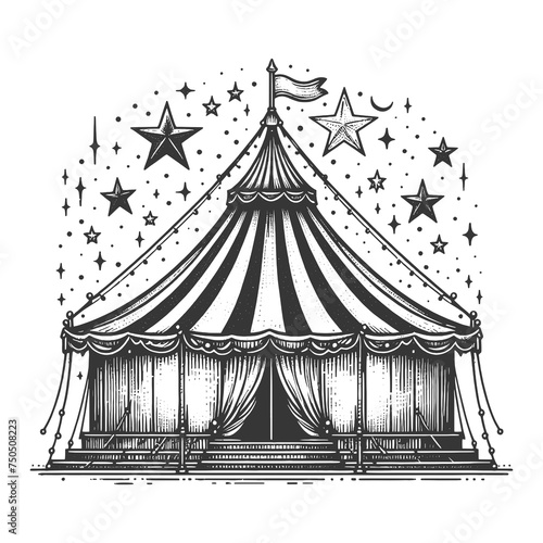 Circus tent sketch line art engraving generative ai raster illustration. Scratch board imitation. Black and white image.