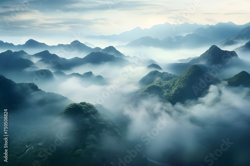 Mystical Mountain Mist: A mountainous landscape shrouded in mist, creating a mystical and ethereal atmosphere.   © Tachfine Art