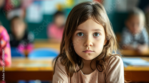A young girl lost in thought, sitting in a classroom setting with her peers blurred in the background, reflecting a moment of introspection. concept of bullying among teenagers