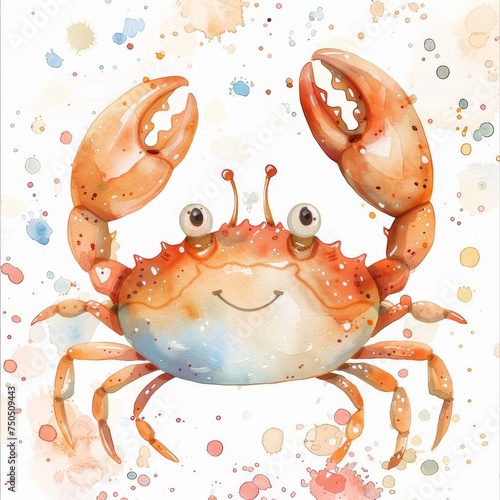 Cute red crab stands on a white background, with its claws raised. An illustration for a children's book. Watercolor illustration art. photo