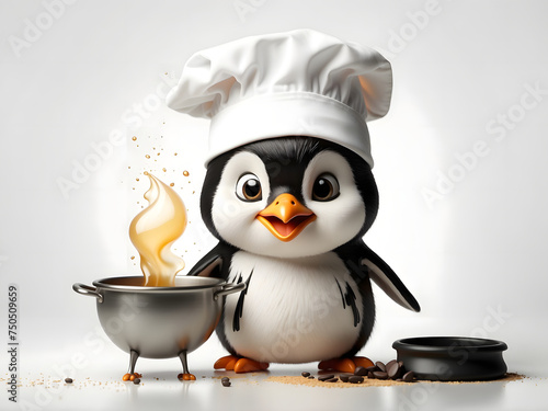 3D rendered Cute kawaii cartoon chef penguin cooking food isolated in white background