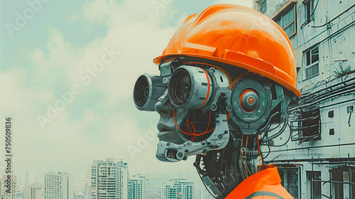 A humanoid engineer wears an orange helmet against a skyscraper background. This concept imagines a new era of humans, the employment of people in the future.