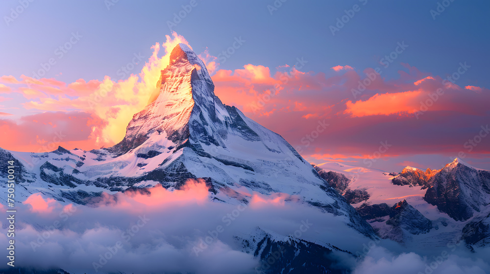 A photo of the Matterhorn, with majestic peaks as the background, during sunrise A photo of the Matterhorn, with majestic peaks as the background, during sunrise
