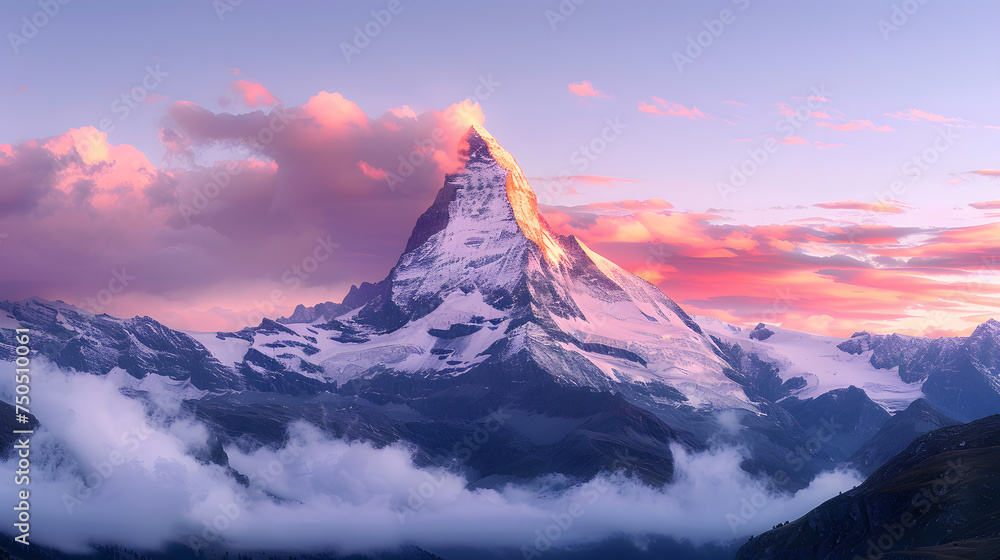 A photo of the Matterhorn, with majestic peaks as the background, during sunrise A photo of the Matterhorn, with majestic peaks as the background, during sunrise