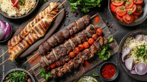 a table filled with various types of kebab, including the exquisite Beyti kebab, presented in a captivating top view.