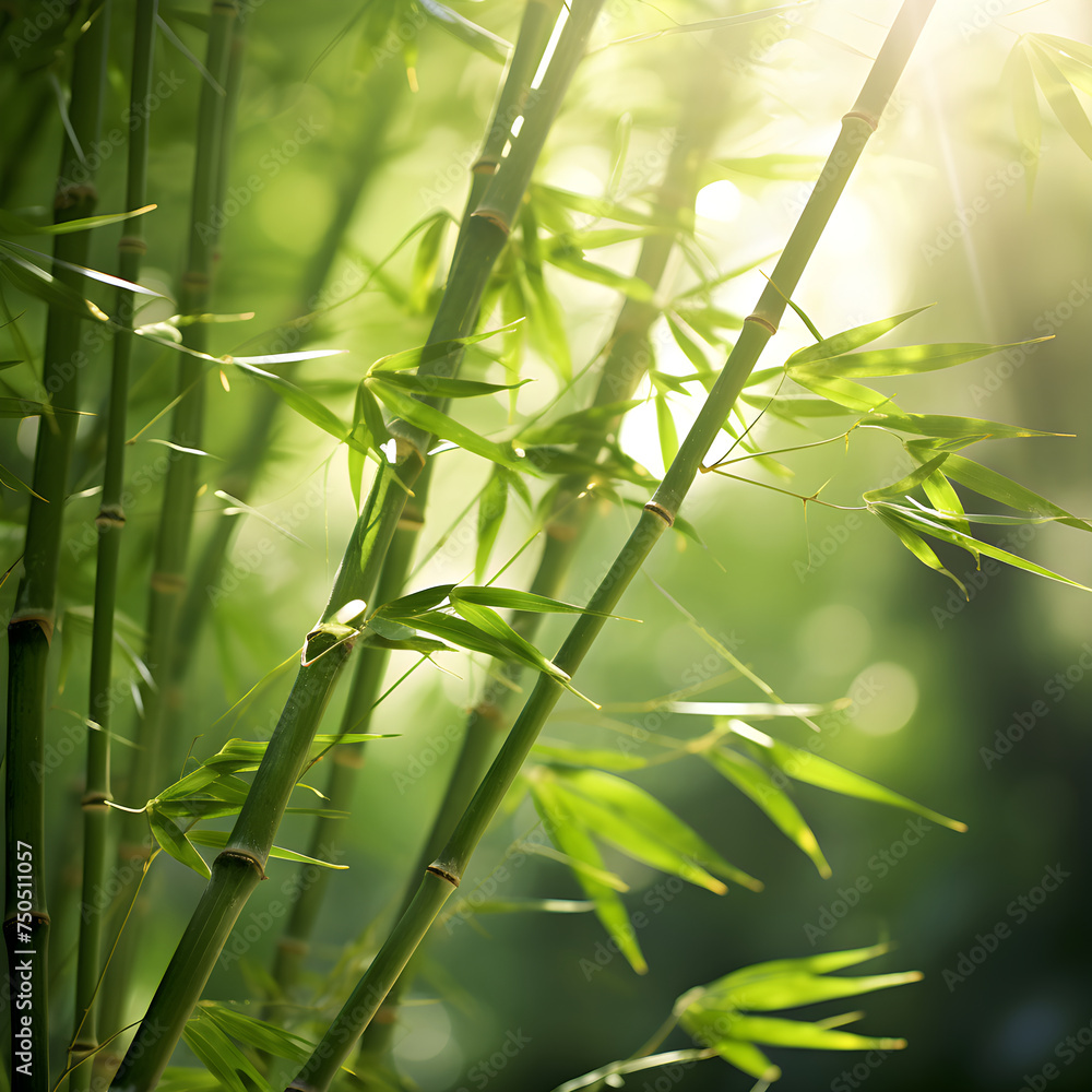 Fototapeta premium Enchanting Bamboo Forest Imbued with Ethereal Light and Tranquility: Nature's Lush Green Cathedral