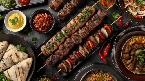 a table filled with various types of kebab, including the exquisite Beyti kebab, presented in a captivating top view.