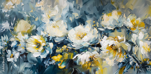 painting displaying white and yellow flowers. Generative ai.