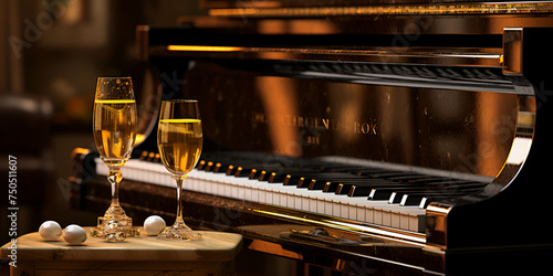 Old Piano Keys Blooming with Family Musical Traditions  and Champagne  for drink and enjoy 