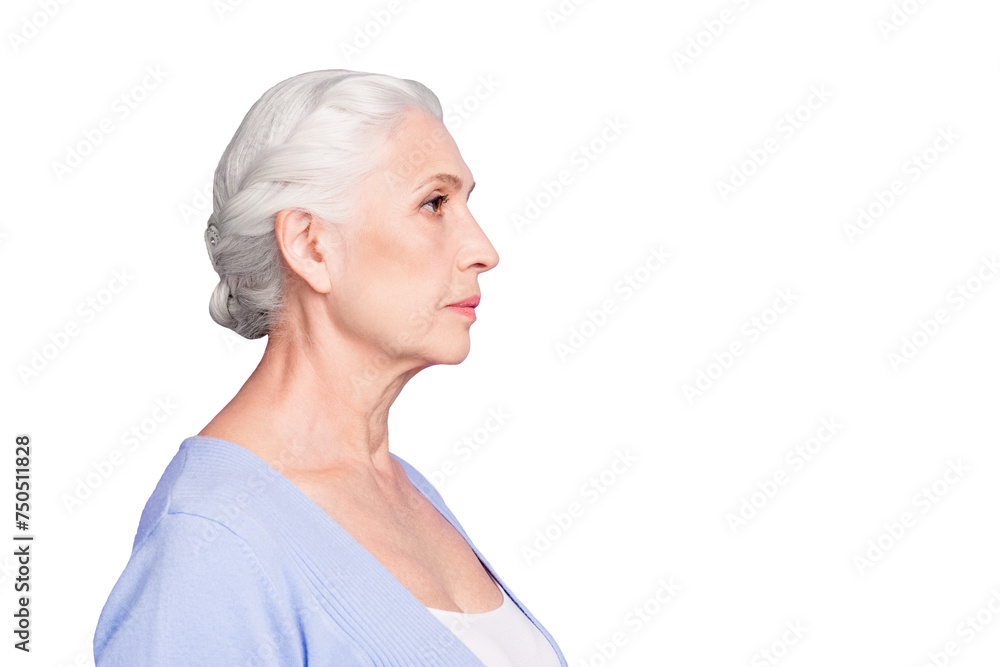 Side profile view portrait of beautiful nice content serious gray-haired old lady wearing casual. Isolated over pastel violet purple background Side profile view portrait of beautiful nice content serious gray-haired old lady wearing casual. Isolated over pastel violet purple background
