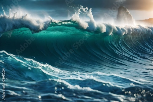 Illustration of powerful foamy sea waves rolling and splashing over water surface against ,Fantasy seascape with beautiful waves and foam. Foam on the waves of water. Top view of the ocean waves. Dove