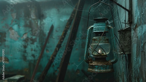 A close-up of an old, flickering lantern hanging in a foggy, abandoned building, with peeling paint and cobwebs, setting the scene for ghostly encounters and paranormal investigations photo