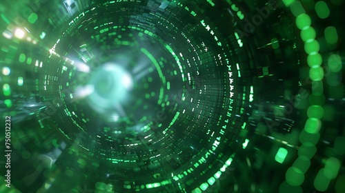 A matrix background featuring a dynamic flow of green binary code through a circle gateway.