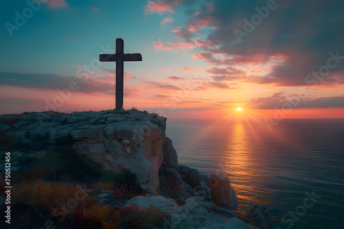 Ash wednesday, A cross located on a cliff near the sea, The evening sky near dusk is colorful and beautiful