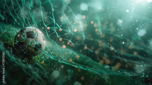 The soccer ball flew into the goal net. Green background with splashes. Bokeh effect. AI generative