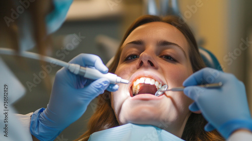 Young woman is checked by a dentist if she has any dental problems and helps keep her mouth healthy in a dental clinic