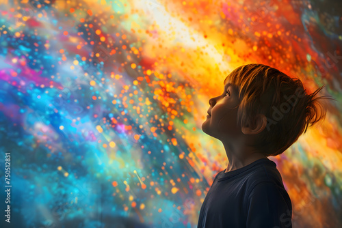 World autism awareness day, Images of children with autism holding their energy standing and looking at the colorful wall exploded in abundance